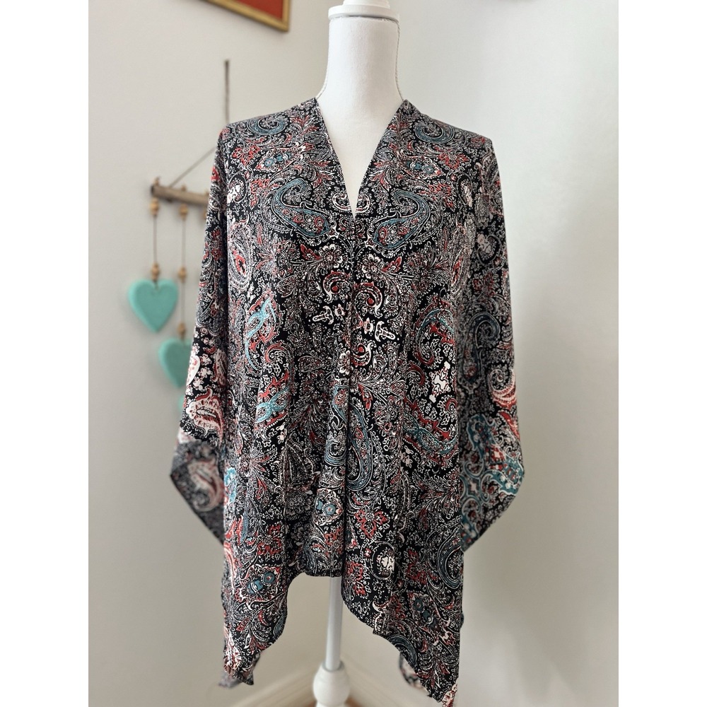 Earthbound Trading Co Paisley Kimono top Black Red Turquoise O/S